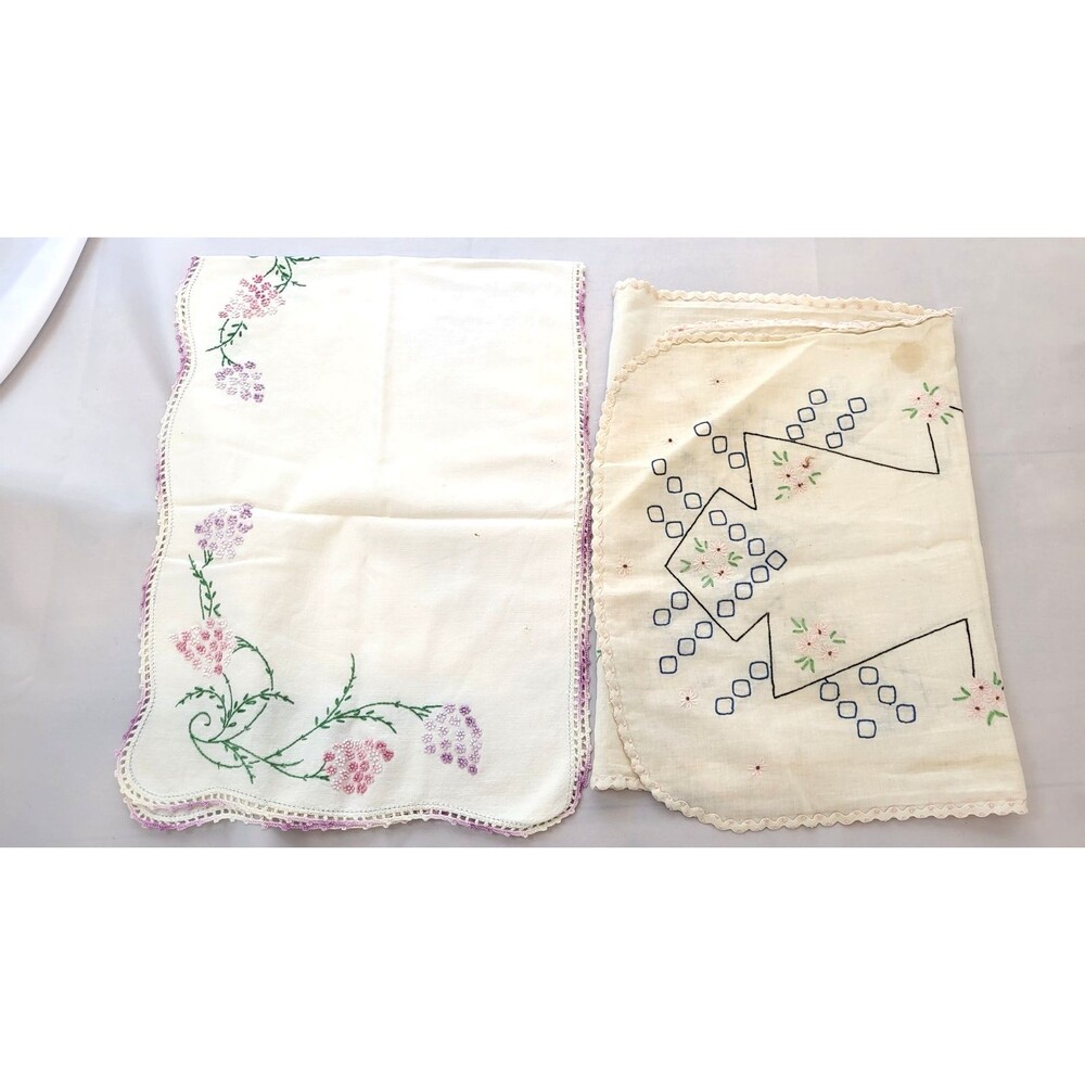 Vintage Hand Embroidered Table Runners Lot of 2 Floral Crochet Trim As Is